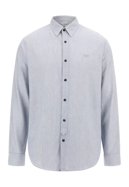 Риза с лен и памук - Прашно синьо -