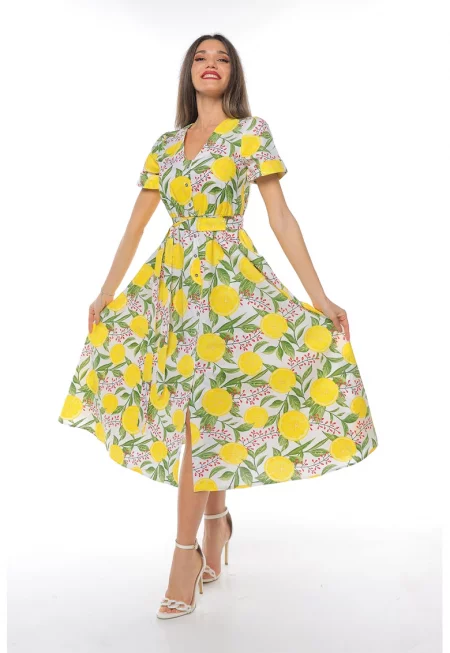 Рокля-риза с колан - Жълт/Ментово зелено