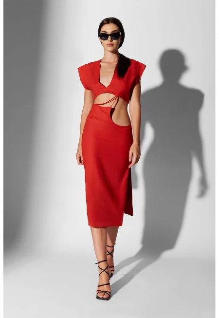 Рокля Rubi с лен с отвори - Червен