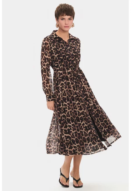 Рокля с шлиц отпред и принт - Тъмнокафяв