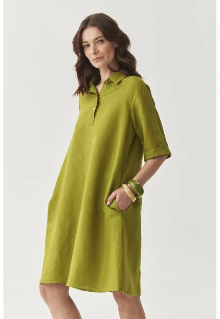 Рокля-тениска с лен - Маслинено зелено