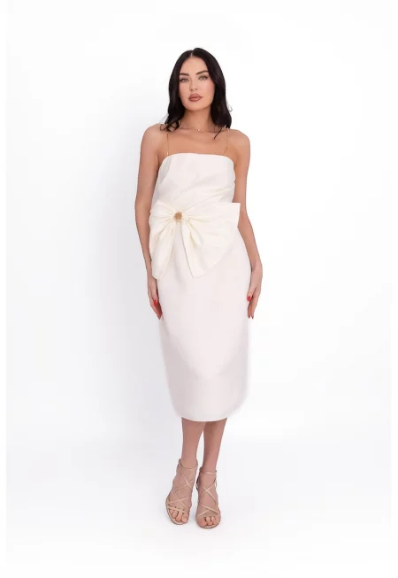 Сатинирана миди рокля с флорален десен и презрамки-верижки - Бял