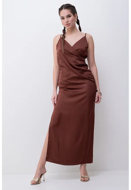 Сатинирана рокля Chigo с цепка встрани - Тъмнокафяв