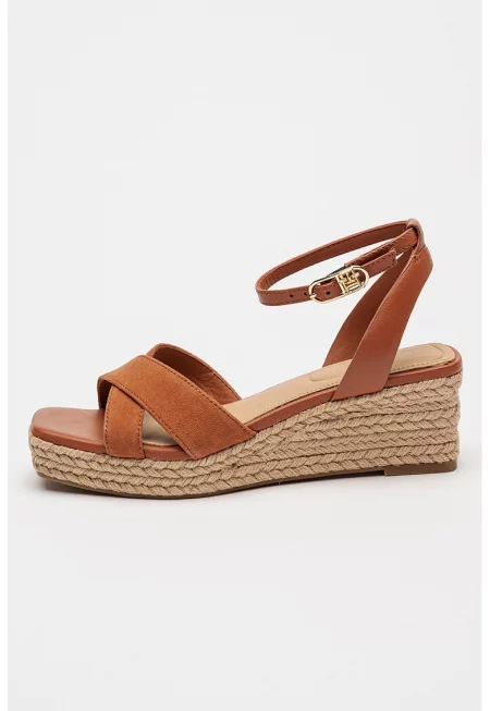 Скосени сандали от кожа и велур - Канелено кафяво