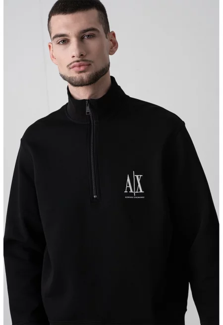 Суитшърт с къс цип и бродирано лого - Черен