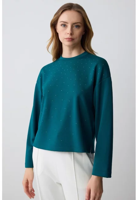 Суитшърт с овално деколте - Петролно синьо