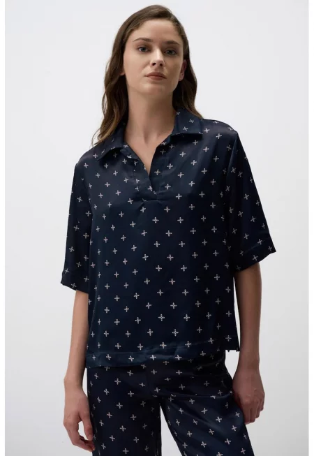 Свободна сатинирана блуза с яка - Тъмносин