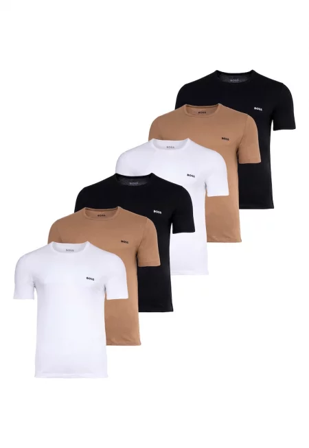 Тениска с овално деколте - 6 броя - Бял/Черен/Светлокафяв