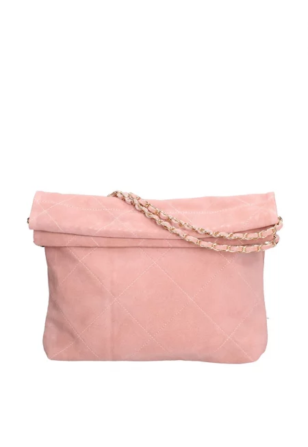 Велурена чанта за рамо с презрамка с верижка - Прашно розово