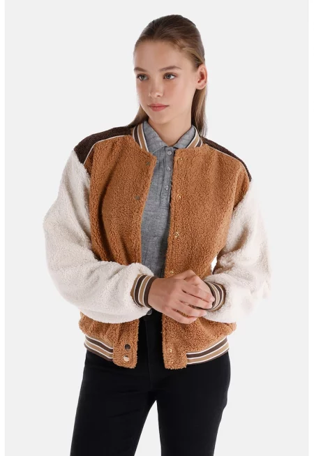 Яке Sherpa с цветен блок - Кафяв/Мръснобял
