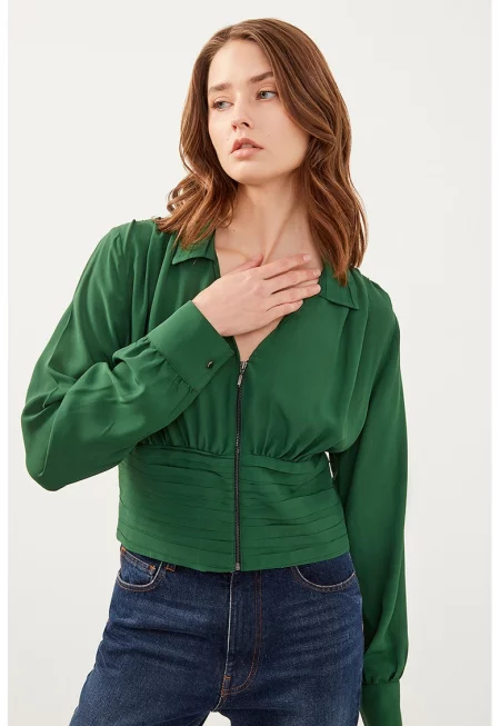 Блуза с шпиц и цип - Аква зелено