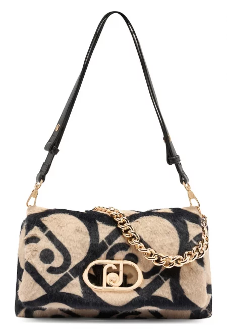 Чанта за рамо Lapuffy от еко пух - Черен/Бежов