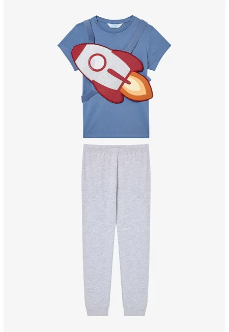 Дълга пижама с фигурален принт - Светлосив меланж/Син