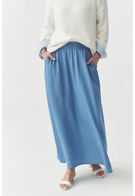 Дълга разкроена пола с джобове - Светлосин