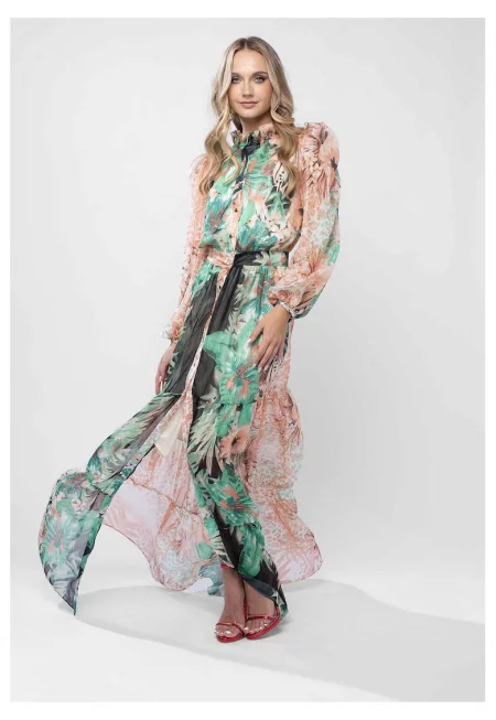 Дълга рокля от воал с тропически принт