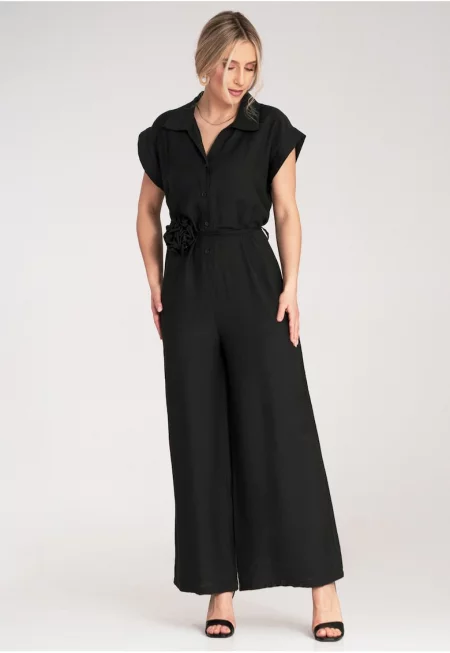 Дамски гащеризон -  с широк крачол и къс ръкав - черен - универсален материал - Един размер