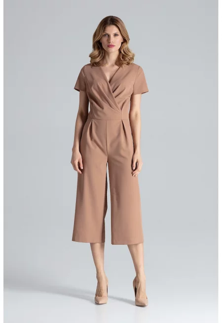 Дамски гащеризон -  широки панталони - къс ръкав - кафяв - полиестер