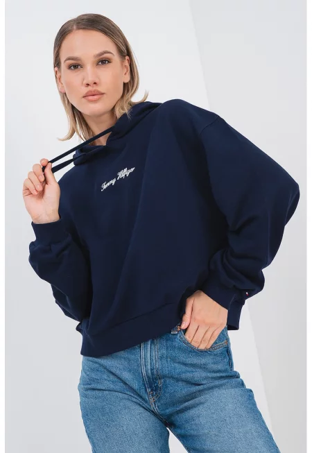 Десенирано худи с паднали ръкави - Тъмносин