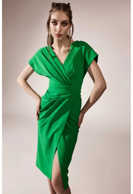 Драпирана рокля с шпиц - Зелен