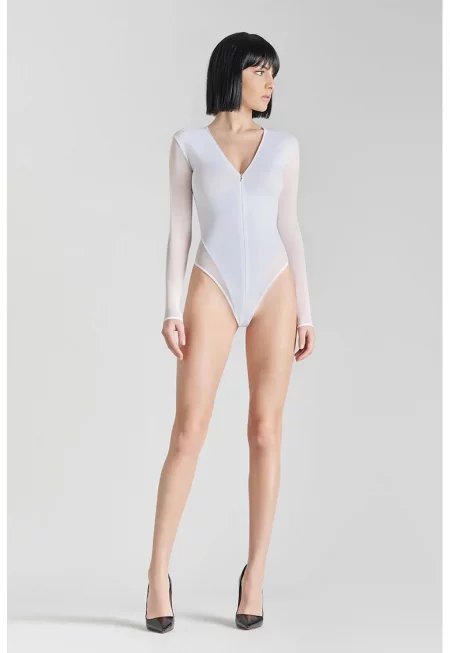 Front Zipped Closure See-through Long Sleeve Body Blouse - Бял