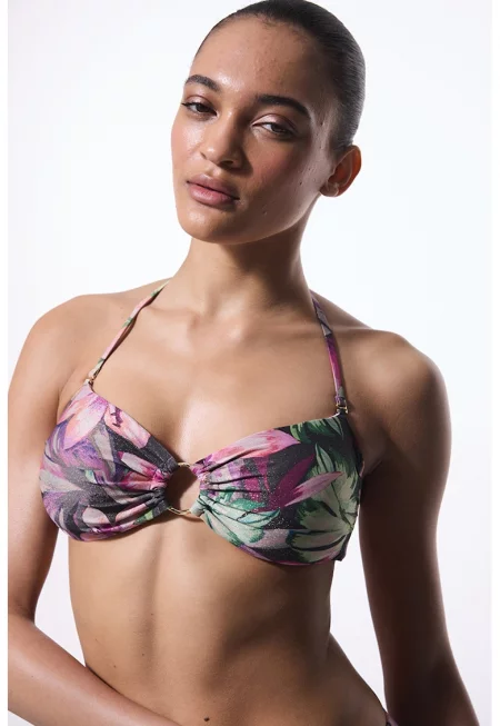 Горнище на бански с флорален десен - Черен/Лилав/Светлозелен