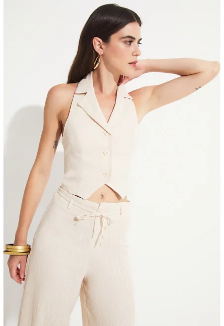 Халтер топ и панталон с широк крачол - Светло бежово