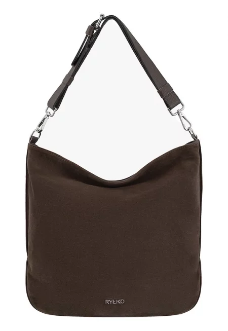 Хобо чанта от велур и кожа - Тъмнокафяв