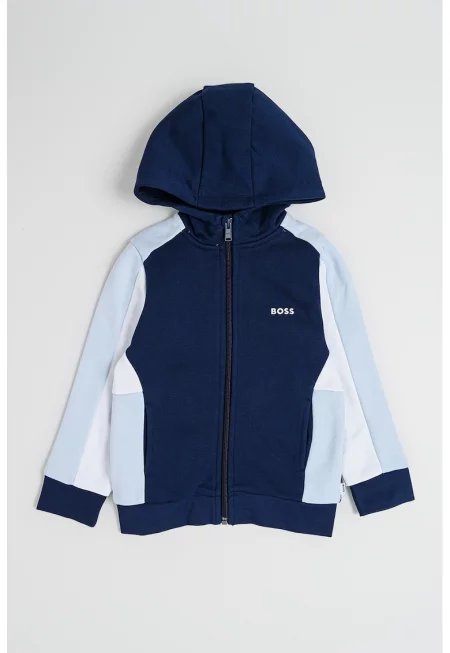 Худи с цип и лого - Бял/Бледо синьо/Тъмносин