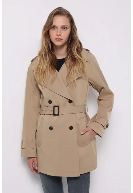 Къс тренч-палто с колан - Камел