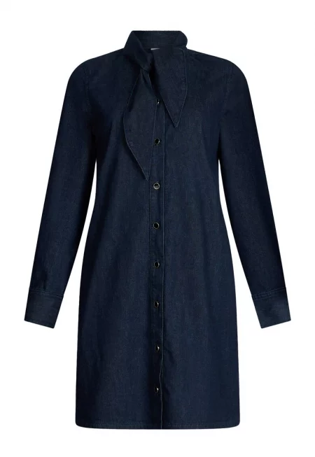 Къса пола от деним с панделка на яката - Тъмносин