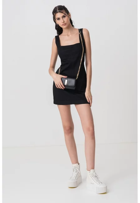 Къса рокля с лен и памук - Черен