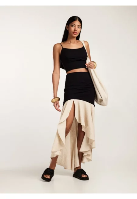 Комплект от топ и миди пола от памук и текстуриран лен Merzouga