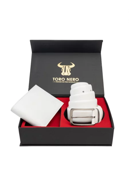 Комплект портфейл и колан - мъжки - от естествена кожа - бял - VIP