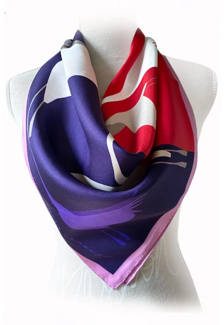 Копринен шал с десен - Керемидено червено/Бял/Индигово синьо