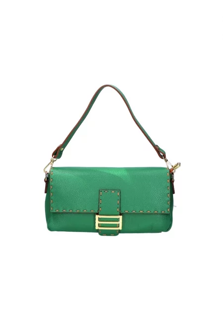 Кожена чанта с контрастни шевове - Зелен