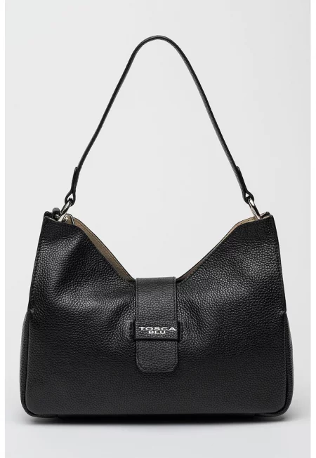 Кожена чанта за рамо с отделяща се презрамка - Черен