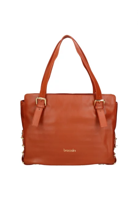 Кожена шопинг чанта с декоративни верижки - Кафяв