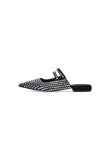 Кожено сабо с декоративни камъни - Черен