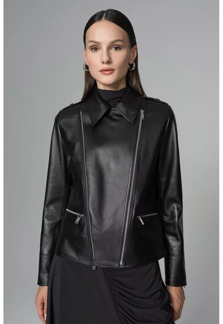 Кожено яке с джобове с цип - Черен