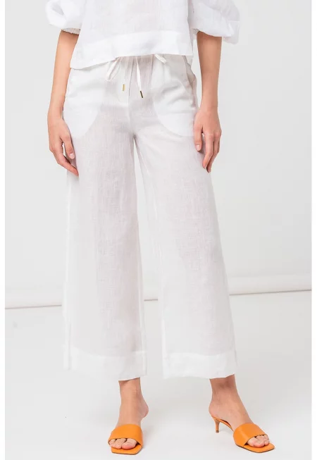 Ленен панталон с регулируема талия - Бял