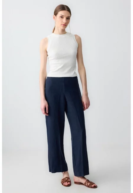 Ленен панталон с широк крачол - Тъмносин