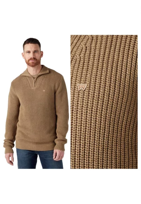 Мъжки пуловер -  Half Zip Knit - Regular Fit - Дълги ръкави - Висока яка - Изчистен дизайн - Памук - Бежов - Бежов