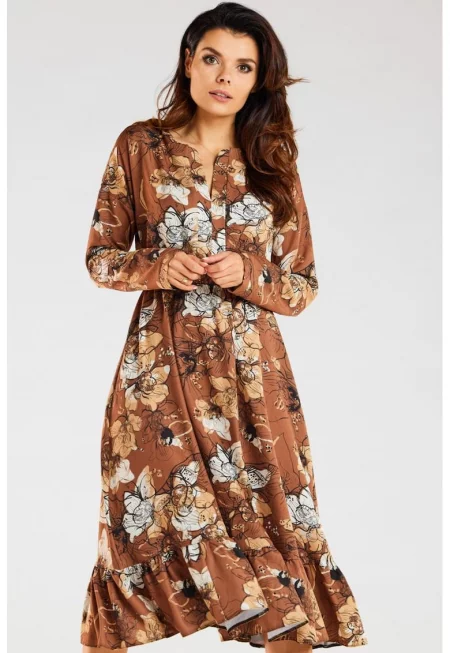 Миди рокля с дълъг ръкав - принт A468