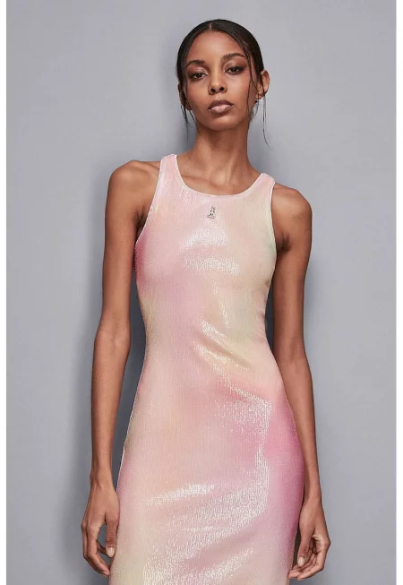Миди рокля с пайети и тай-дай принт - Розово
