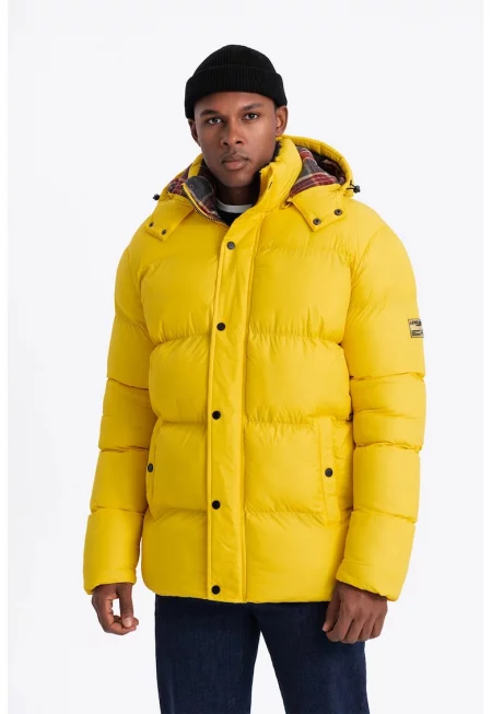 Подплатено зимно яке от найлон с качулка - Жълт
