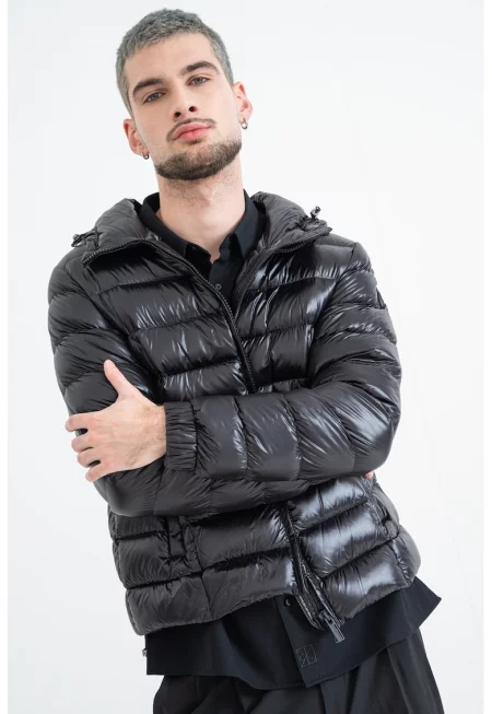 Пухено зимно яке с качулка - Черен