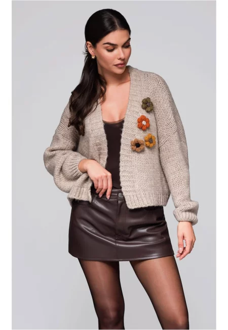 Пуловер-жилетка с бродирани цветя  LW-SWCD-0101 - Бежов