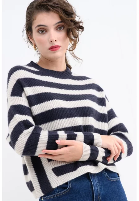 Раиран кашмирен пуловер - Бял/Тъмносин
