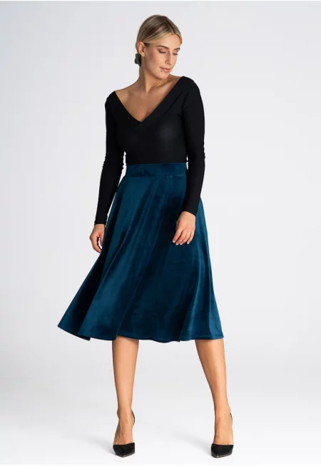 Разкроена миди пола  синя - с джобове - Син