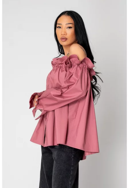 Риза с дълъг ръкав и голи рамене Rose Dust 15526 - Прашно розово